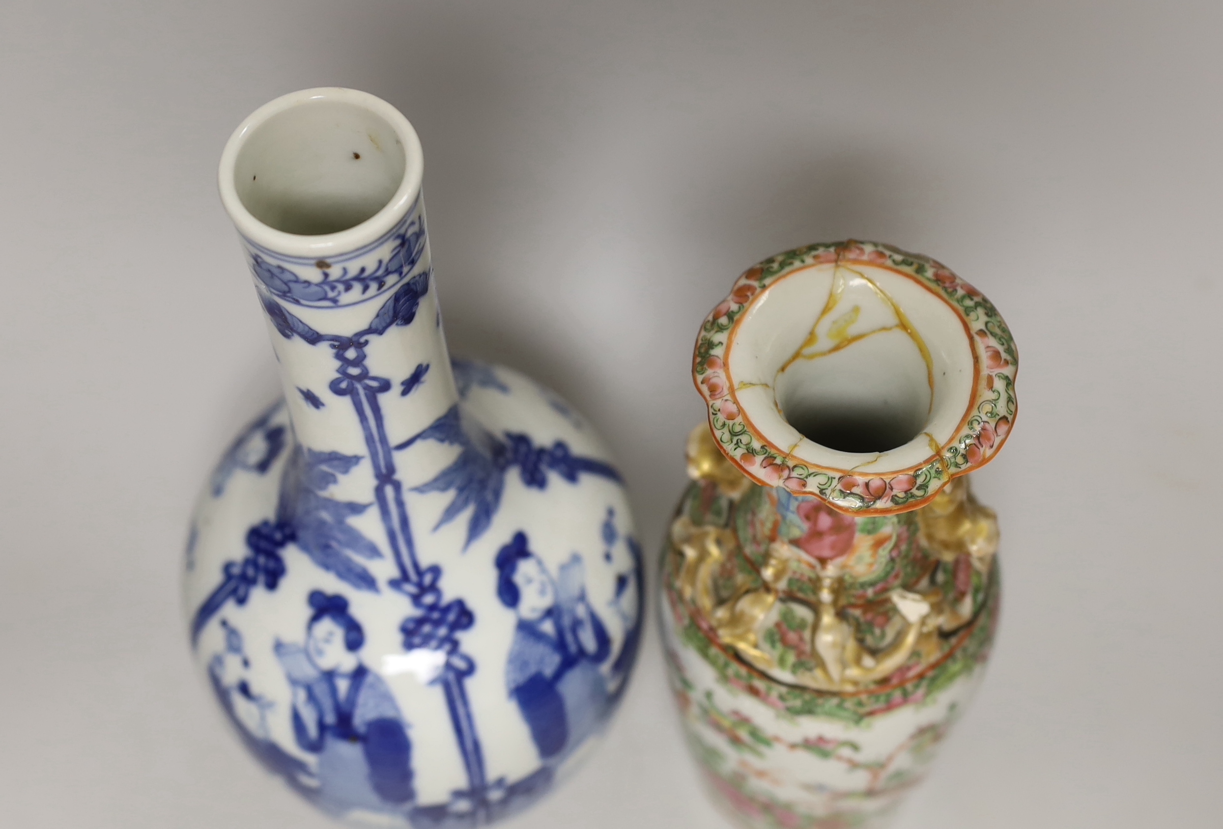 Two Chinese vases, famille rose and blue and white, tallest 26cm